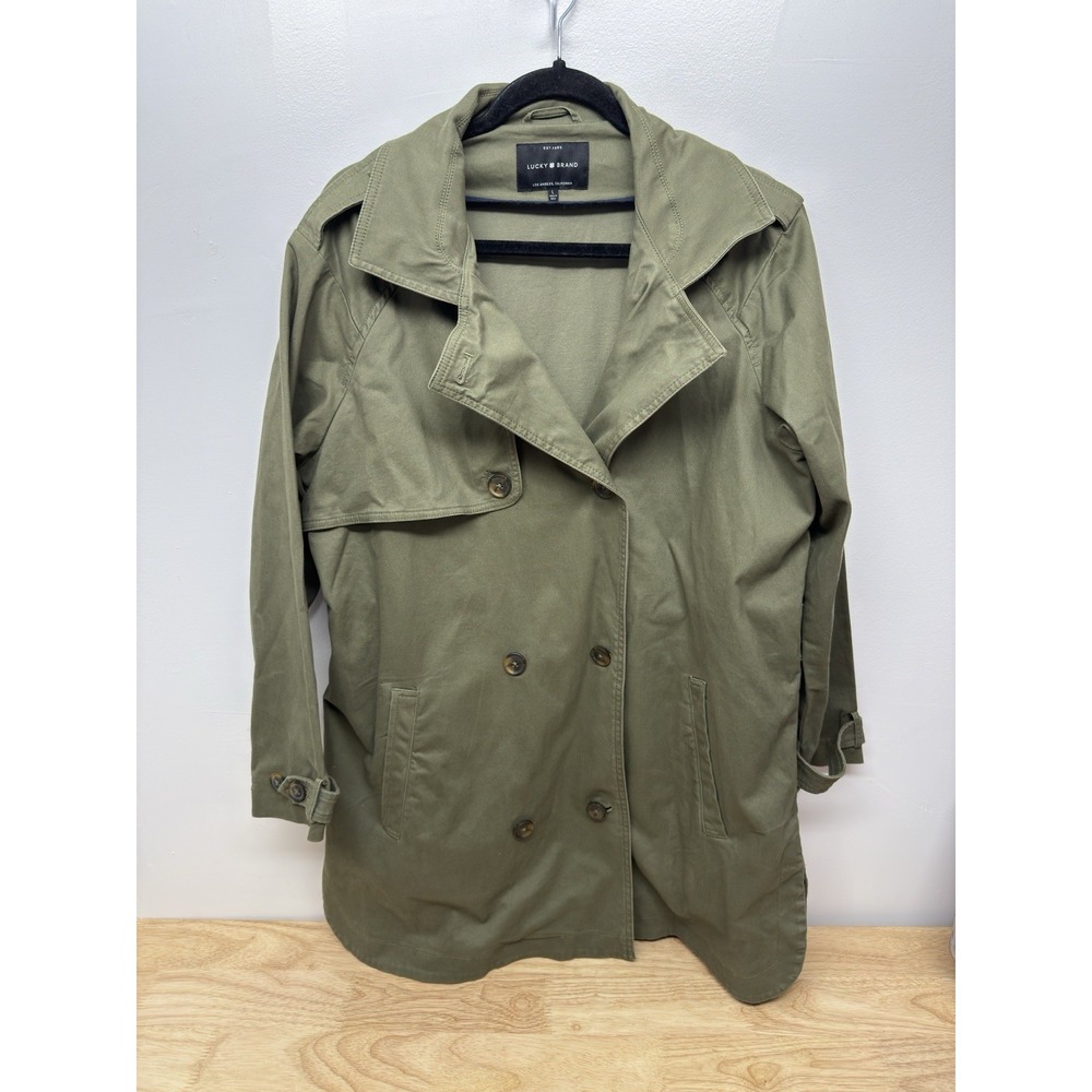 Lucky Brand Womens Large Army Green Button Trench Coat Cotton‎ #37